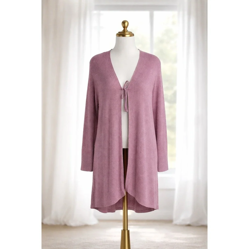 New LOGO Lori Goldstein Long Cardigan Sweater‎ Ribbed Knit Tie Front Pink Large